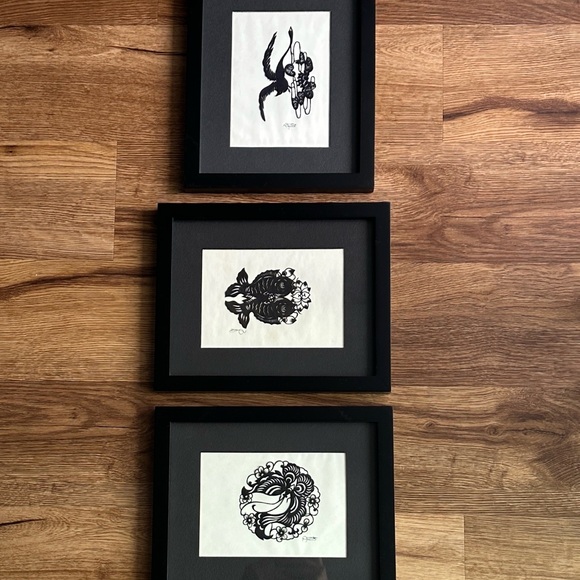 Set if 3 signed vintage linocut prints, brand new black wooden frames - Picture 1 of 9